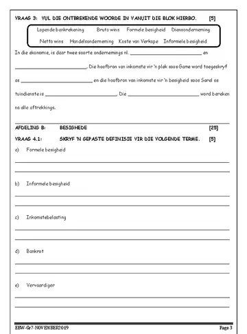 Economics Management and Science Grade 7 November 2019 question paper, first page of questions