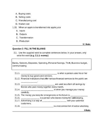Economics Management and Science Grade 7 November 2023 question paper, first page of questions