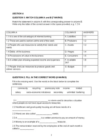 Economics Management and Science Grade 7 June 2024 question paper, first page of questions