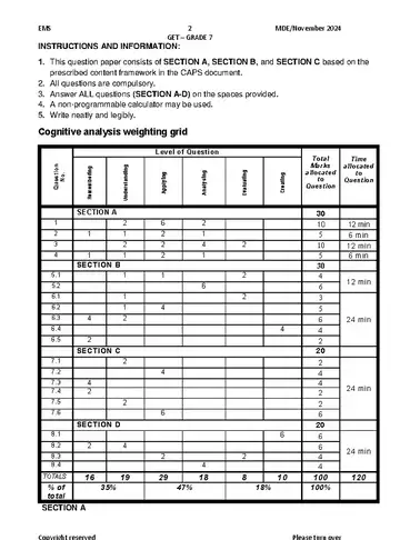 Economics Management and Science Grade 7 November 2024 question paper, first page of questions