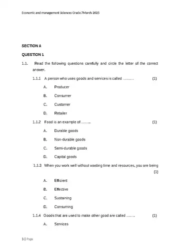 Economics Management and Science Grade 7 March Test 2025 question paper, first page of questions