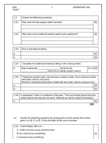 Economics Management and Science Grade 7 February March Test 2026 question paper, first page of questions