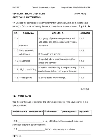 Economics Management and Science Grade 7 March Common Test 2026 question paper, first page of questions