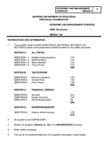 Economics Management and Science Grade 9 June 2018 question paper, first page of questions