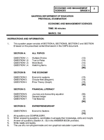 Economics Management and Science Grade 9 June 2019 question paper, first page of questions