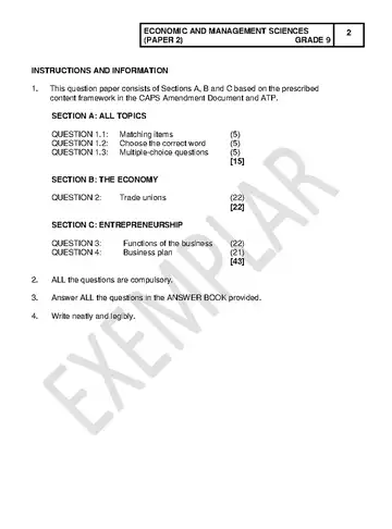 Economics Management and Science Grade 9 November 2023 Paper 2 question paper, first page of questions
