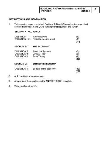 Economics Management and Science Grade 9 June 2024 Paper 2 question paper, first page of questions