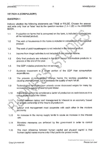 Economics N5 November 2014 question paper, first page of questions