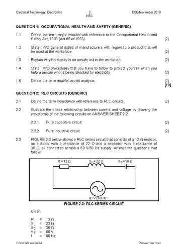 Electrical Technology Grade 12 November 2018: Electronics (National DBE) question paper, first page of questions