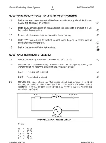 Electrical Technology Grade 12 November 2018: Power Systems (National DBE) question paper, first page of questions