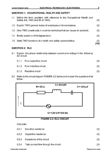 Electrical Technology Grade 12 September Trial 2020: Electronics question paper, first page of questions
