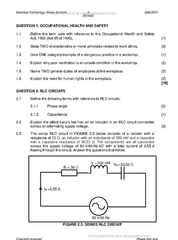 Electrical Technology Grade 12 May/June 2021: Power Systems question paper, first page of questions