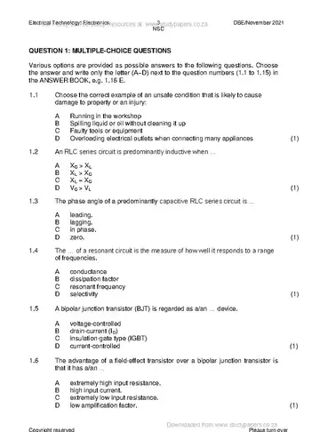 Electrical Technology Grade 12 November 2021: Electronics (National DBE) question paper, first page of questions