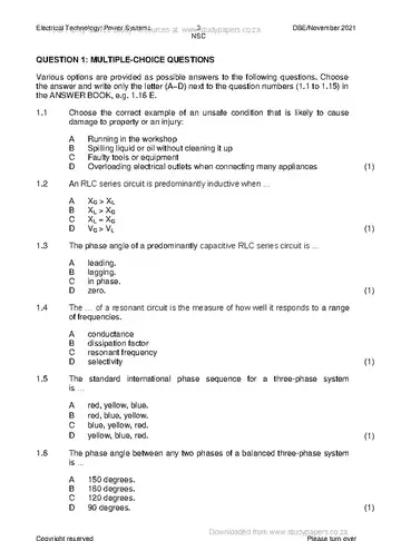 Electrical Technology Grade 12 November 2021: Power Systems (National DBE) question paper, first page of questions