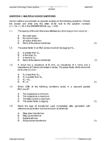 Electrical Technology Grade 12 May/June 2022: Power Systems question paper, first page of questions