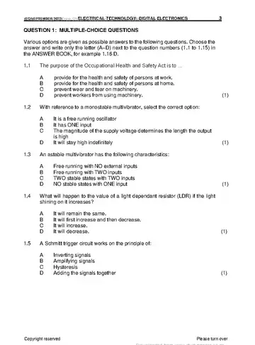 Electrical Technology Grade 12 September Trial 2022: Digital Electronics question paper, first page of questions