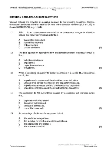 Electrical Technology Grade 12 November 2022: Power Systems (National DBE) question paper, first page of questions