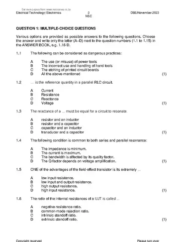 Electrical Technology Grade 12 November 2023: Electronics (National DBE) question paper, first page of questions