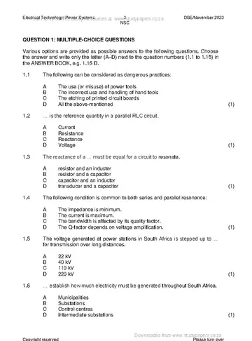 Electrical Technology Grade 12 November 2023: Power Systems (National DBE) question paper, first page of questions