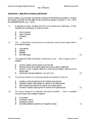 Electrical Technology Grade 12 November 2024: Digital Electronics (National DBE) question paper, first page of questions
