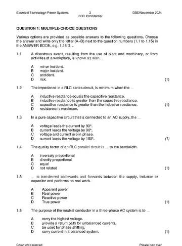 Electrical Technology Grade 12 November 2024: Power Systems (National DBE) question paper, first page of questions