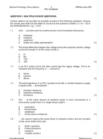 Electrical Technology Grade 12 November 2025: Power Systems (National DBE) question paper, first page of questions