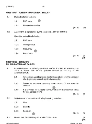 Electrical Trade Theory N2 August 2021 question paper, first page of questions