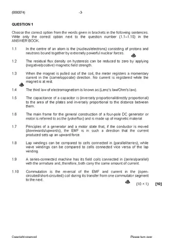 Electrotechnics N4 August 2019 question paper, first page of questions