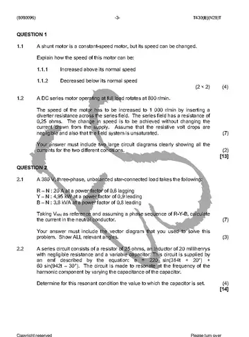 Electrotechnics N6 November 2016 question paper, first page of questions