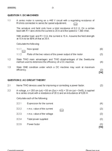 Electrotechnics N6 August 2019 question paper, first page of questions