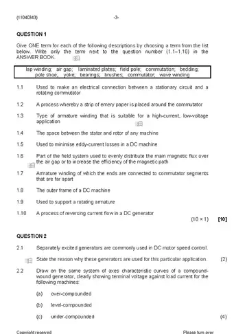 Electrotechnology N3 August 2019 question paper, first page of questions