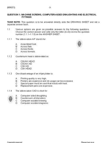 Engineering Drawing N2 August 2019 question paper, first page of questions
