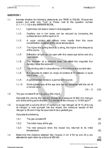 Engineering Physics N5 August 2018 question paper, first page of questions