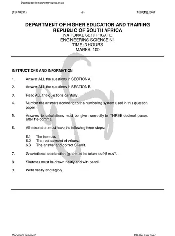 Engineering Science N1 August 2018 question paper, first page of questions