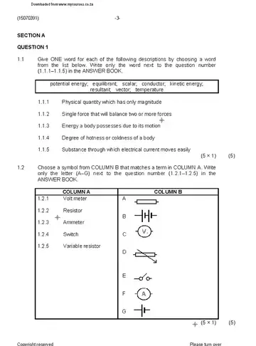 Engineering Science N1 August 2019 question paper, first page of questions