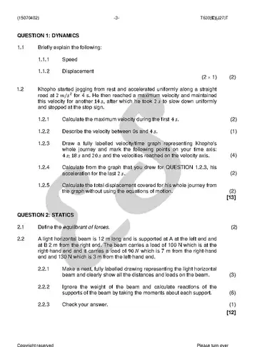 Engineering Science N2 August 2018 question paper, first page of questions