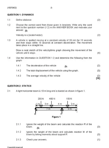 Engineering Science N2 August 2019 question paper, first page of questions