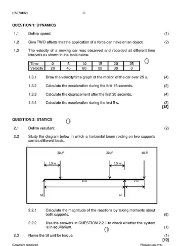 Engineering Science N2 November 2020 question paper, first page of questions