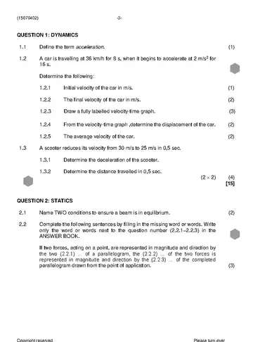 Engineering Science N2 November 2023 question paper, first page of questions