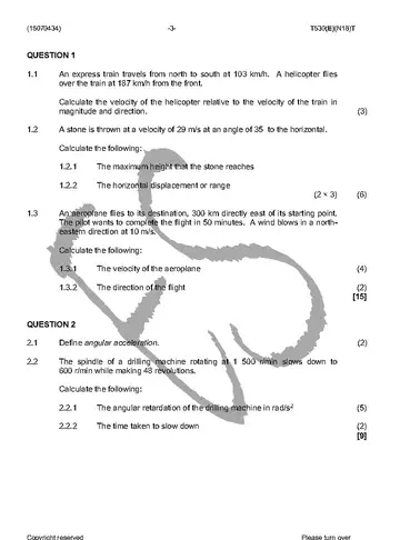 Engineering Science N4 November 2016 question paper, first page of questions