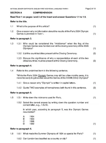 IEB English FAL Grade 12 November 2024 Paper 1 (IEB) question paper, first page of questions