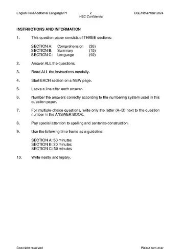 English FAL Grade 12 November 2024 Paper 1 (National DBE) question paper, first page of questions