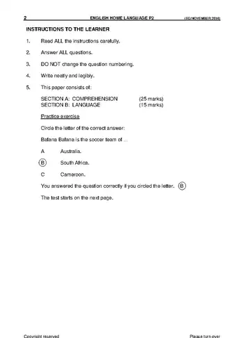 English Grade 6 November 2016 Paper 2 question paper, first page of questions