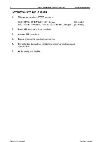 English Grade 6 November 2017 Paper 3 question paper, first page of questions