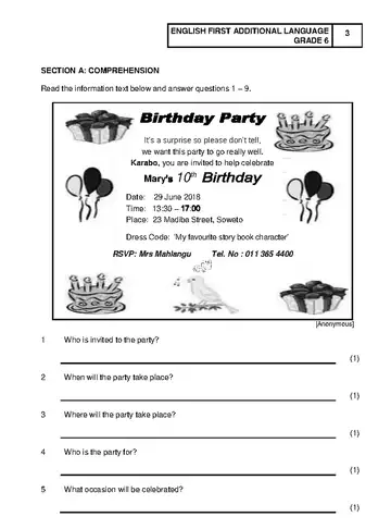 English Grade 6 June 2018 question paper, first page of questions