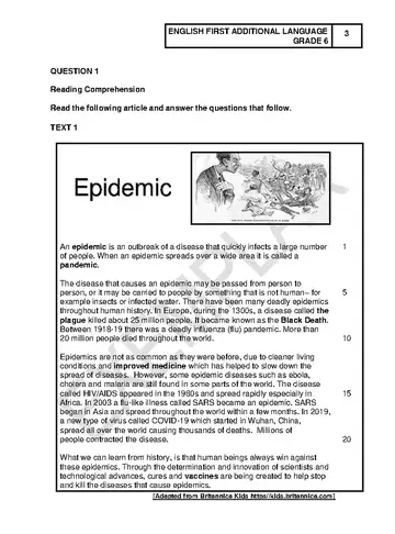 English Grade 6 Exemplar 2020 question paper, first page of questions