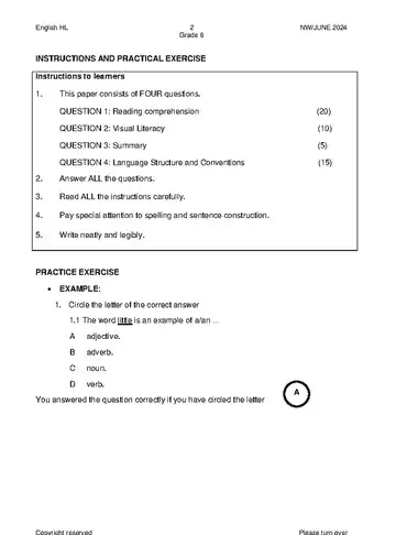 English Grade 6 June 2024 Paper 1 question paper, first page of questions