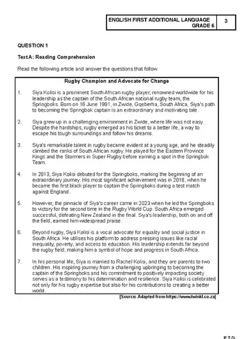 English Grade 6 June 2024 question paper, first page of questions