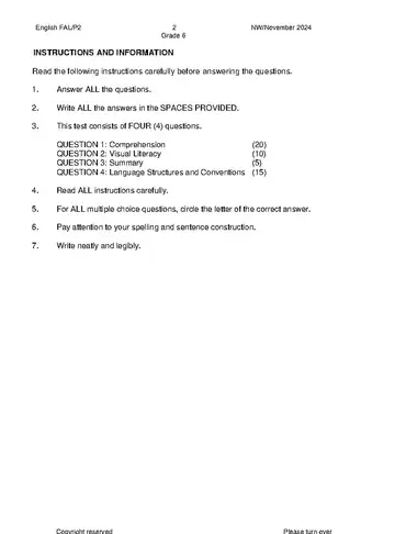 English Grade 6 November 2024 Paper 2 (North West) question paper, first page of questions