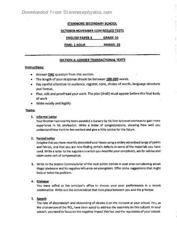 English HL FAL Grade 10 November 2020 Paper 3 question paper, first page of questions